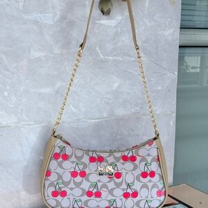 Coach Cherry Print Shoulder Bag in Gray and Tan
